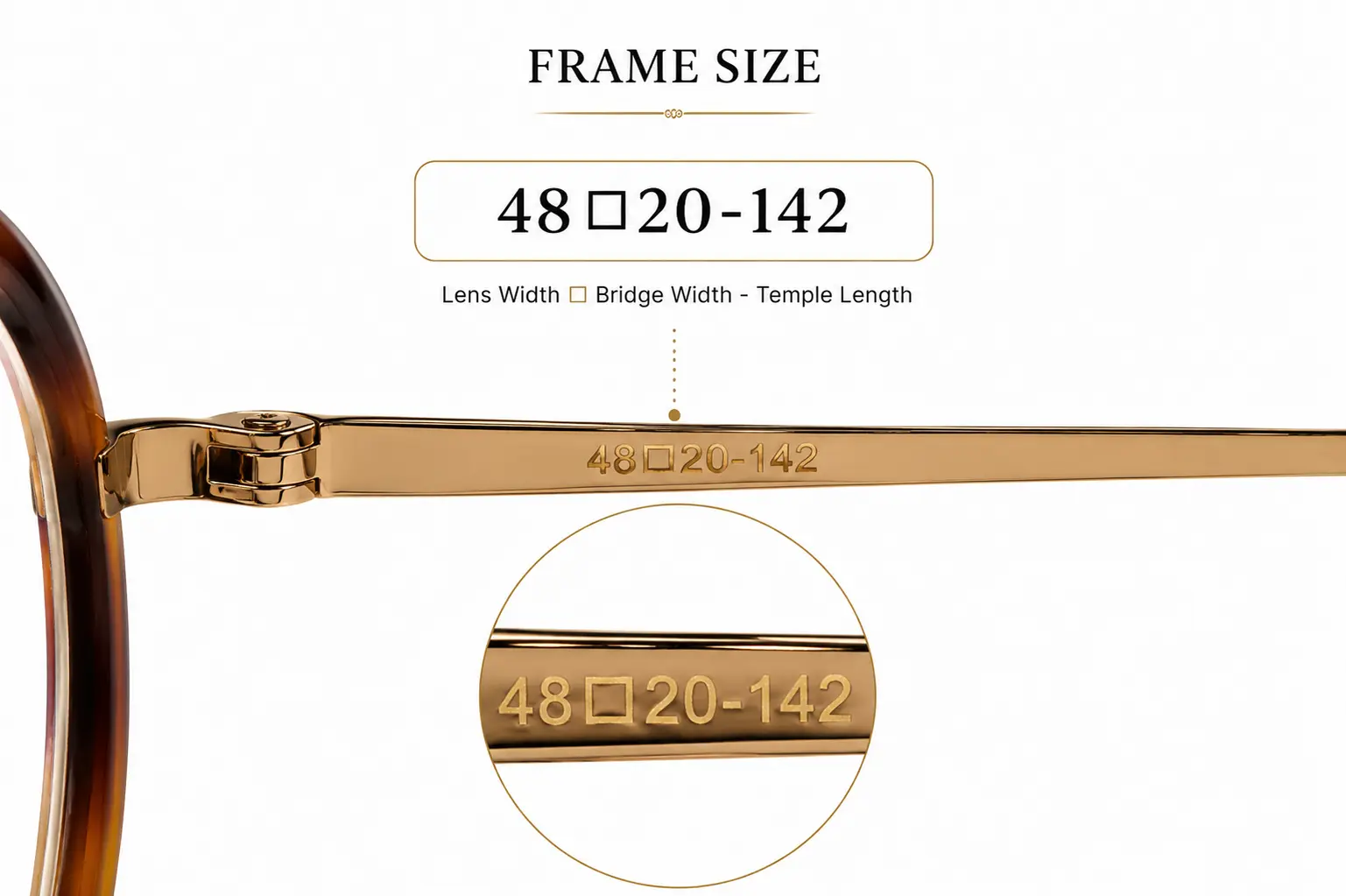 Eyeglasses frame measurement diagram showing lens width, bridge width, and temple length
