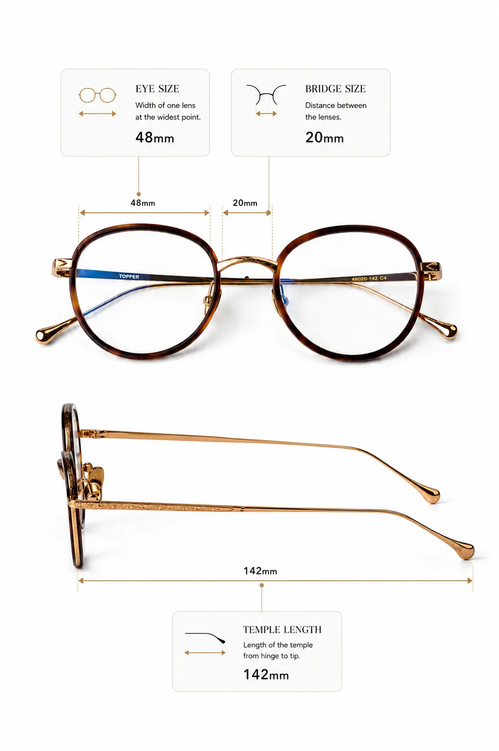 Detailed view of lens width, bridge width and temple length on a frame
